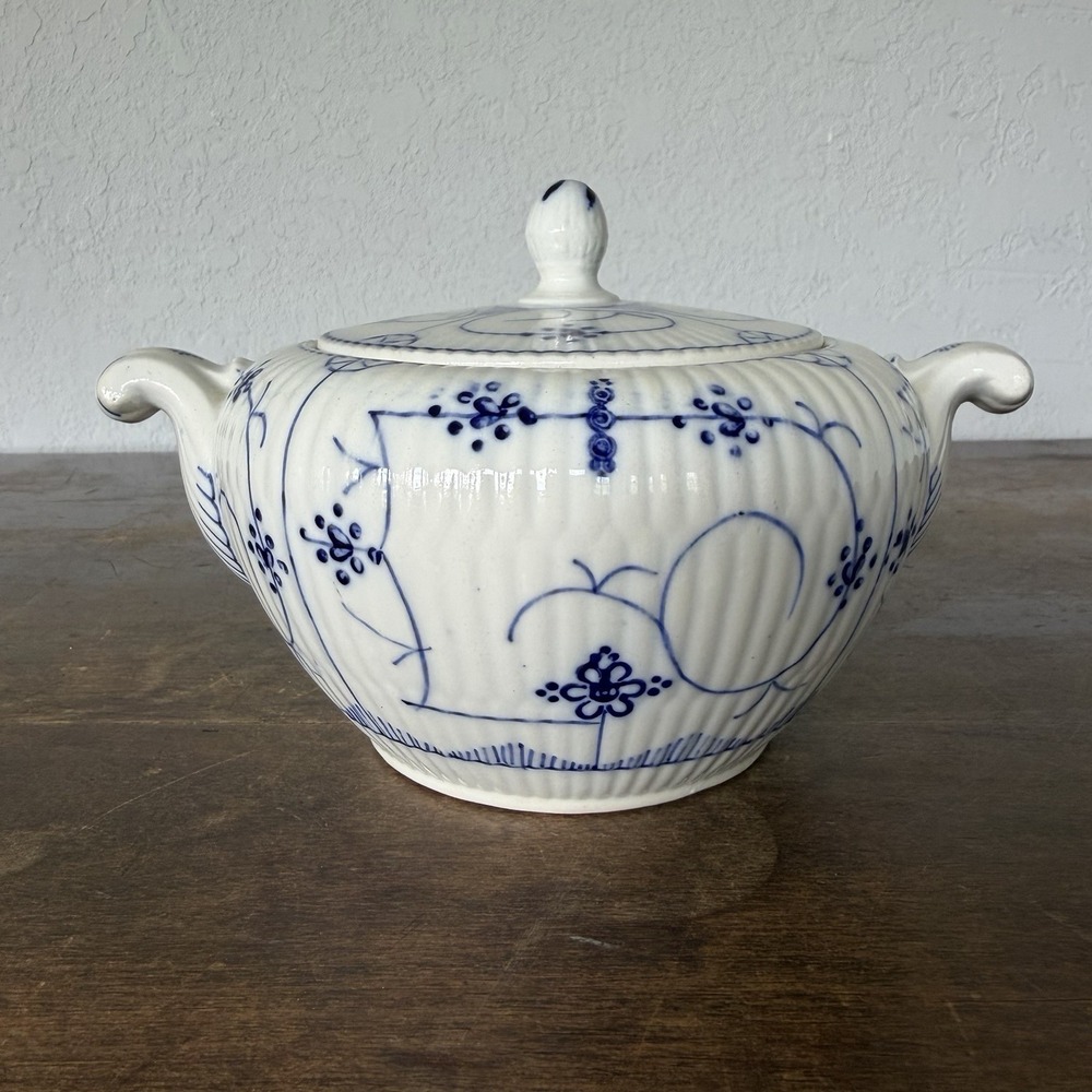 Antique Sarreguemines France Blue Fluted Covered Small Tureen Faience 1890s
